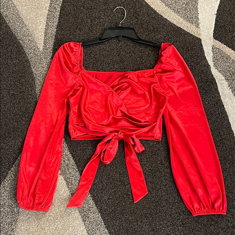 Red Satin Wrap Crop Top Puff Sleeve Tie Front - Size L